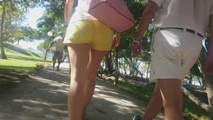 Milf in yellow shorts with vpl and a wedgie