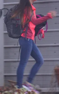 Girl next door teen walking to car in various tight jeans