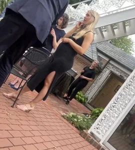 Beautiful blonde pregnant pawg in black dress