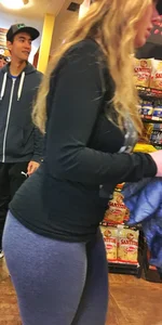 PAWG blonde in grey leggings while shopping