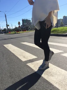 Blonde Girl With Fit Muscular Legs in Tight Black Jeans and Sneakers on a Crosswalk  - Street Creepshots Collection