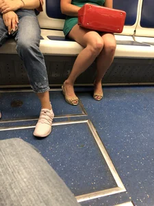 Milf in a Short Green Dress in Sandals Sitting in the Subway Train Candid - Hot Legs