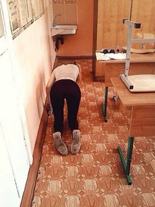 Hot Blonde Teen JB Cleaning Classroom Floor in Yoga Pants