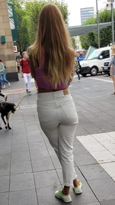 Hot Candid Girl in a Top And Tight White Pants Smoking on the Street Creephots Series