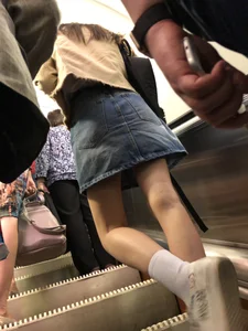 Girl in Denim Skirt with Thin Hot Legs in White Socks Subway Train and Escalator Creepshot