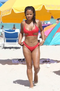 Christina Milian in red bikini in Miami with hard nipples