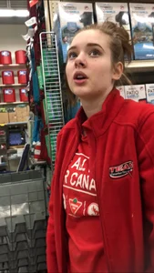 Sexy Canadian employee with glasses in tight leggings showing her awesome ass