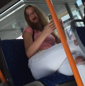 Cute Teen in White Jeans Bus Candid Photo