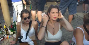Pretty girl downbloused showing her puffy nipples and bonus friend with nice cleavage