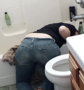 Hot Wife in Blue Jeans Standing on Her Knees Doggy Style in the Bathroom Home Creepshot