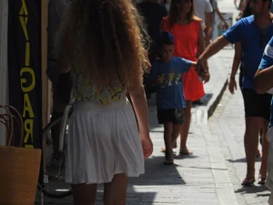 White see through skirt girl walking with white panties underneath