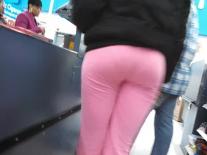 Ebony girl with a cute booty and vpl in pink sweats at Walmart