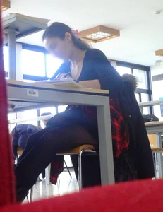 Young Candid Girl in Black Pantyhose Working at the Library Creepshots