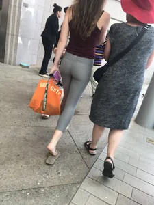 Amazing Candid Ass in Grey Tights and Feet in Slippers Street Creepshot