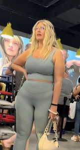 Plump Dumpy Blonde MILF in turquoise two-piece Spandex