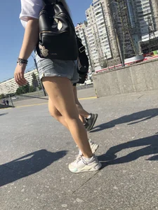 Stocky Girls in Denim Shorts on the Street Stairs Nice Legs Candid Photos