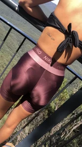 Sexy tanned babe shiny spandex w/ vpl