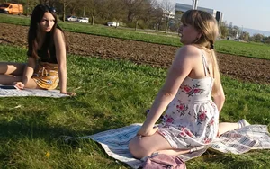 Talking to two cute candid German girls in shorts