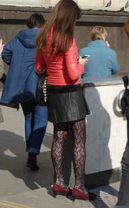 Legs in Black Lacey Pantyhose Street Candid Closeup