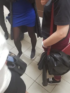 Blonde College Girl's Legs in Black Pantyhose - Short Blue Dress Creepshots