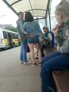 Chubby Milf at the Bus Stop in Denim Mini Shorts
