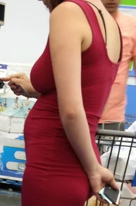 Milf in line in maroon dress with some curves