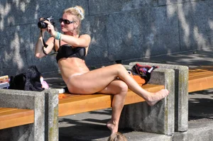 Blonde milf looking sexy in Hello Kitty bikini with nice mound and camel toe