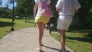 Milf in yellow shorts with vpl and a wedgie