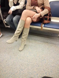 Crossed Skinny Legs in High Boots Subway Train Creepshot