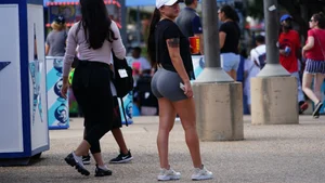 Big booty babe in grey spandex shorts with vtl