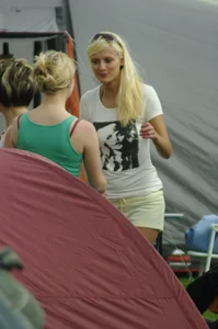 Blonde babe changing into and out of bikini and shows her tits