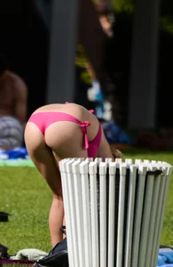 Ass in Pink Swimsuit Panties - Girl Bending Over in the Park