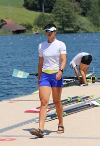 Sexy row girls in tight tops and spandex shorts