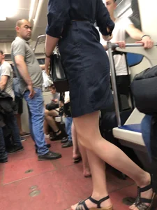 Blonde with Hot Long Legs in Sandals and a Dress Subway Train Candid