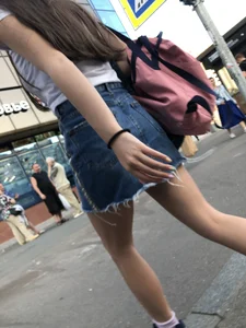 Girl in Denim Skirt with Hot Skinny Legs Street Candid