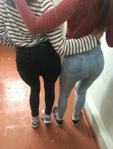 Skinny Girls in Tight Jeans Hugging - Booties Candid Closeup