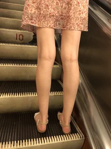 Thin Long Legs and Feet in Sandals - a Skinny Candid Girl on a Subway Escalator Creepshots