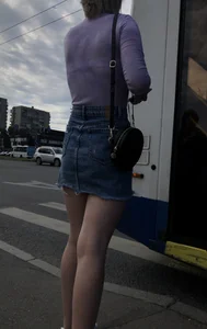 Hot Pale Candid Legs in Blue Denim Skirt on the Crosswalk Street Creepshots