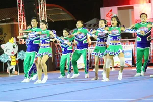 Bunch of athletic Thai cheerleaders at a competition