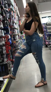 Thicc brunette in tight jeans has a little captain in her