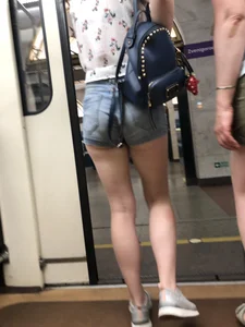 Cute And Slightly Awkward Tall Teen Girl in a Top and Denim Shorts Subway Train Candid Photos