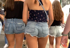 Group of hot girls in denim mini-shorts street creepshots