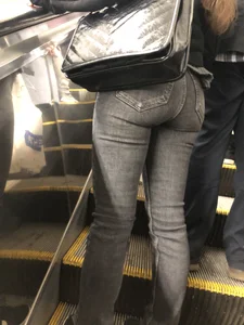 Juicy Booty in Tight Grey Jeans Low Angle Closeups on the Subway Escalator