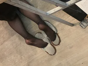Teen Arts Student Girl Standing On Her Knees While Painting - Feet in Socks And Black Pantyhose