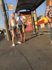 Blonde With Gorgeous Legs in Denim Shorts at the Bus Stop Creepshots Gallery