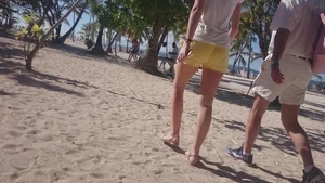 Milf in yellow shorts with vpl and a wedgie