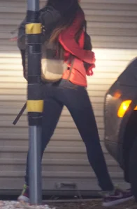 Girl next door teen walking to car in various tight jeans
