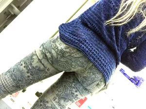 Sexy blonde with a nice ass in tight patterned jeans