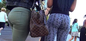 Sexy bruntte in tight cross patterned leggings in Las Vegas with other sexy friends