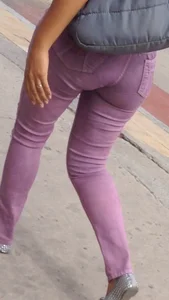 Black babe with a nice ass in tight jeans and vpl